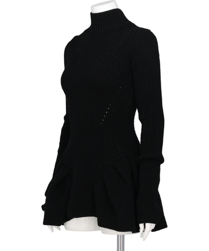 RIBED PEPLUM HI-NECK KNIT SWEATER
