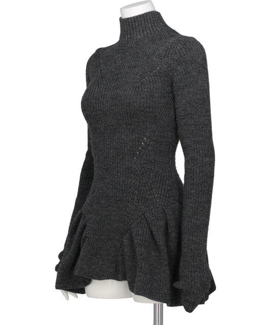 RIBED PEPLUM HI-NECK KNIT SWEATER