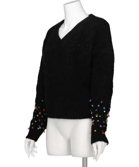 V-NECK KNIT WITH BEADED SLEEVES