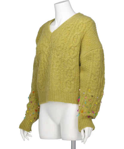 V-NECK KNIT WITH BEADED SLEEVES