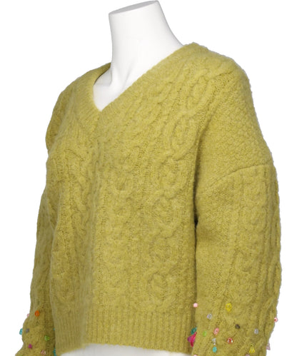 V-NECK KNIT WITH BEADED SLEEVES