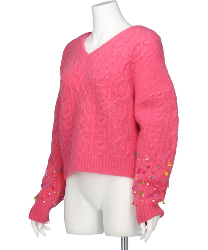 V-NECK KNIT WITH BEADED SLEEVES