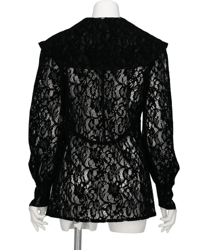 FLOCKED LACE SAILOR COLLAR BLOUSE