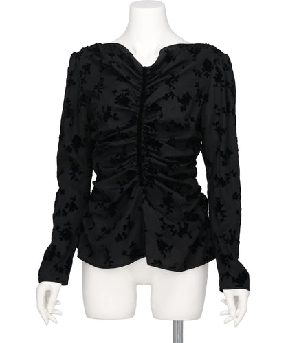 FLOCKED ROSE PRINT GATHERED BLOUSE