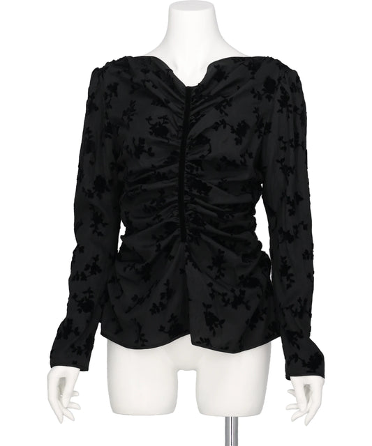 FLOCKED ROSE PRINT GATHERED BLOUSE