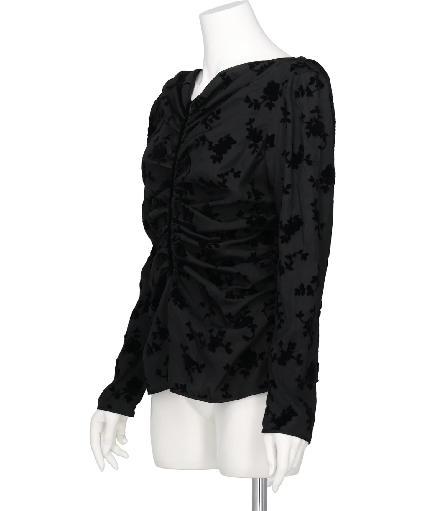 FLOCKED ROSE PRINT GATHERED BLOUSE