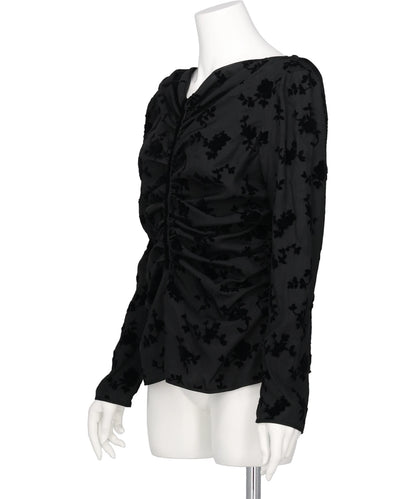 FLOCKED ROSE PRINT GATHERED BLOUSE