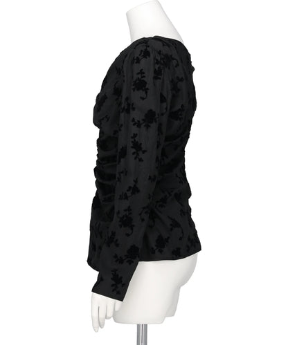 FLOCKED ROSE PRINT GATHERED BLOUSE