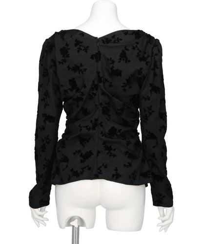 FLOCKED ROSE PRINT GATHERED BLOUSE