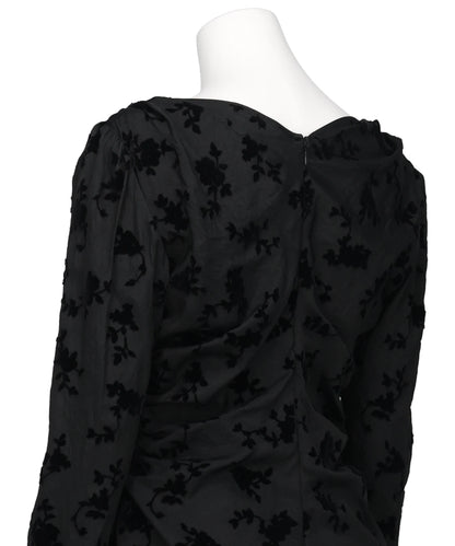 FLOCKED ROSE PRINT GATHERED BLOUSE