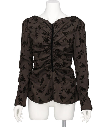 FLOCKED ROSE PRINT GATHERED BLOUSE