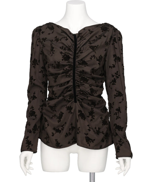FLOCKED ROSE PRINT GATHERED BLOUSE