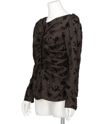 FLOCKED ROSE PRINT GATHERED BLOUSE