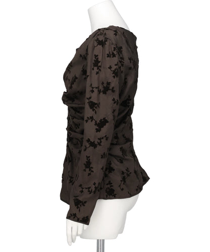 FLOCKED ROSE PRINT GATHERED BLOUSE