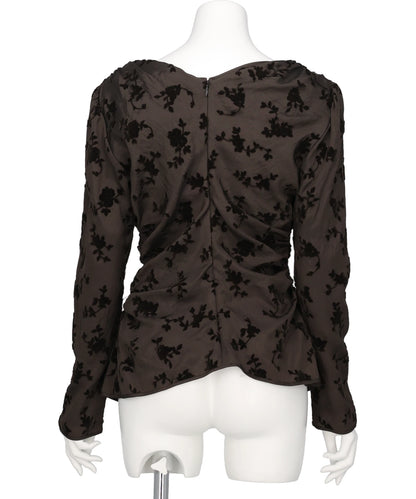 FLOCKED ROSE PRINT GATHERED BLOUSE