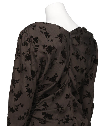 FLOCKED ROSE PRINT GATHERED BLOUSE