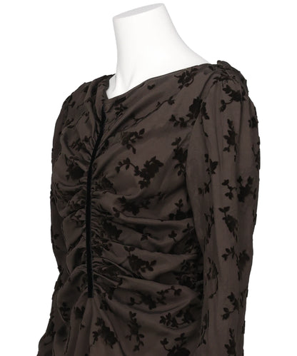 FLOCKED ROSE PRINT GATHERED BLOUSE