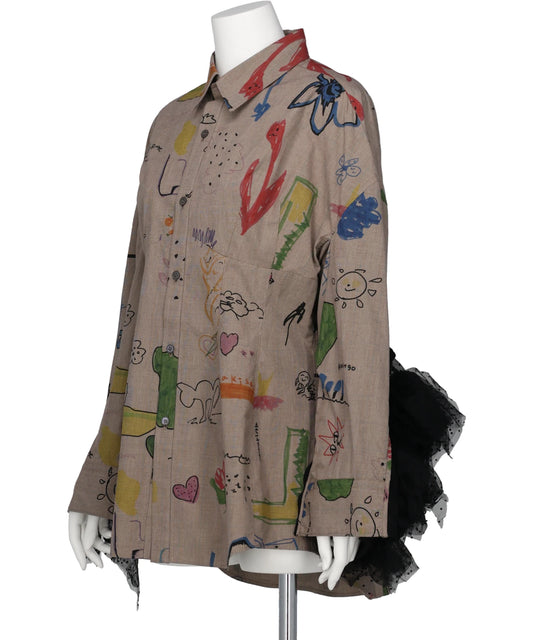 RAKUGAKI PRINTED SHIRT WITHTULLE SLEEVES