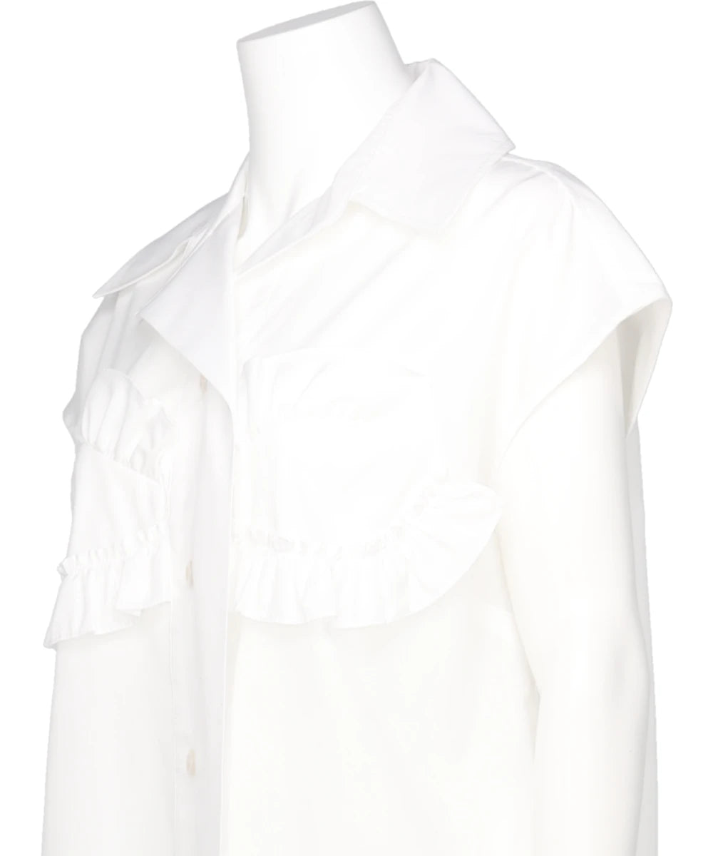 SLEEVELESS RUFFLE BUST DETAIL FRILL HEM SHIRT