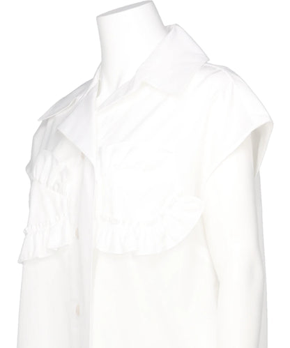 SLEEVELESS RUFFLE BUST DETAIL FRILL HEM SHIRT