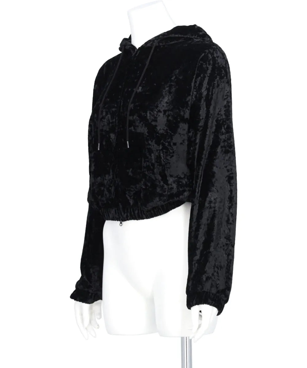 CRUSHED VELVET ZIP-UP CROPPED HOODIE