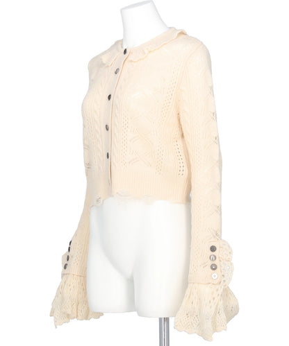 RIBBON PATTERN FRILLED SLEEVE KNITCARDIGAN