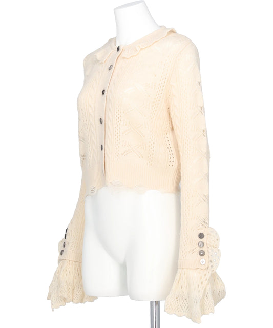 RIBBON PATTERN FRILLED SLEEVE KNITCARDIGAN