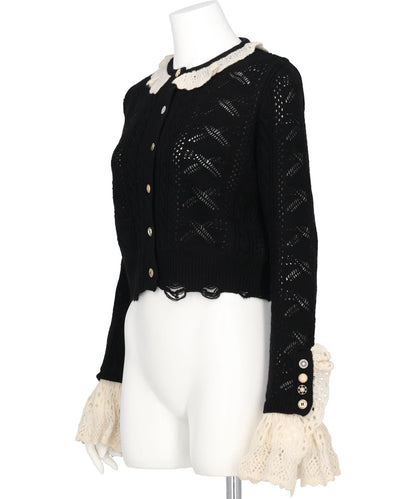 RIBBON PATTERN FRILLED SLEEVE KNITCARDIGAN