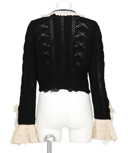 RIBBON PATTERN FRILLED SLEEVE KNITCARDIGAN