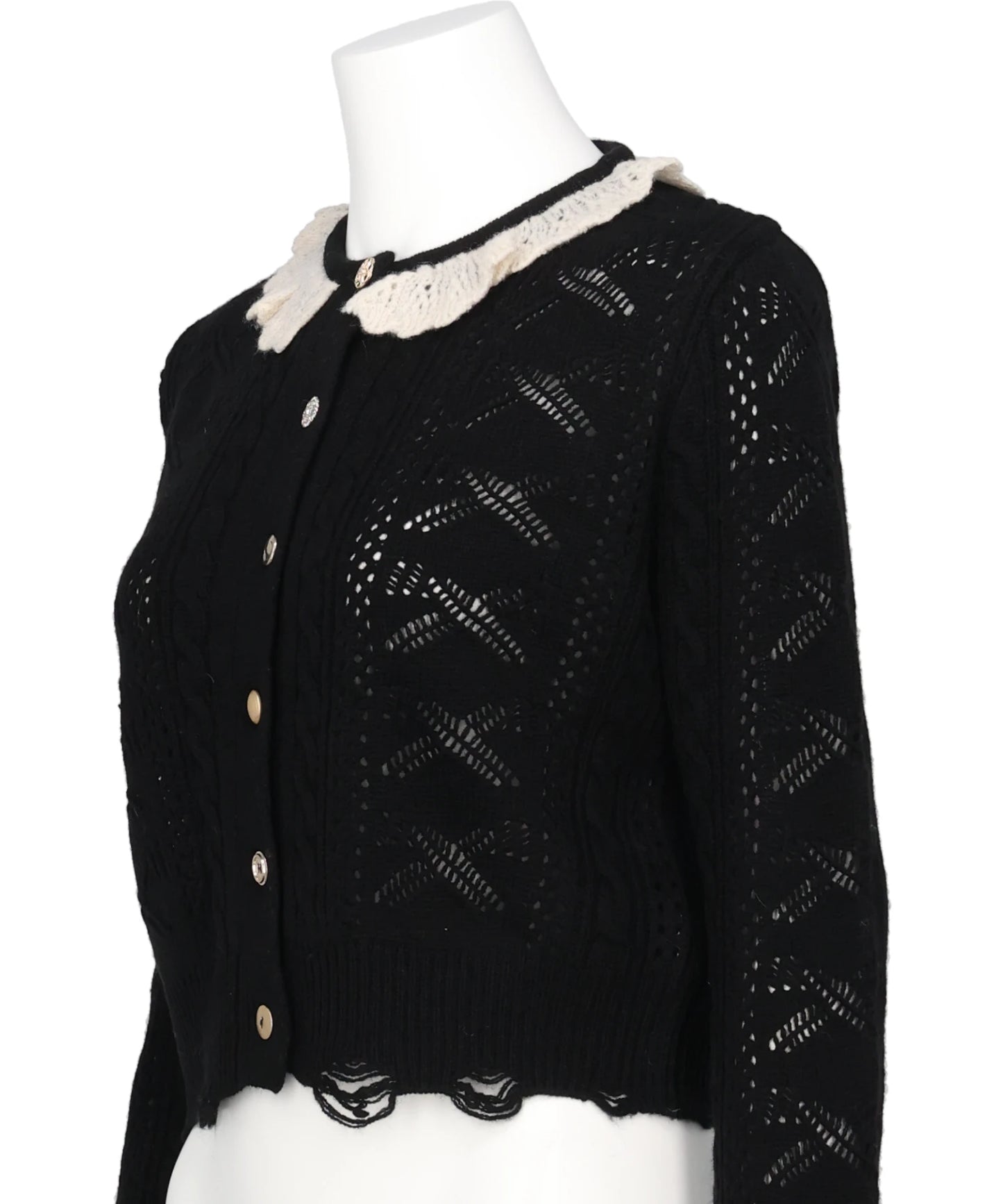 RIBBON PATTERN FRILLED SLEEVE KNITCARDIGAN