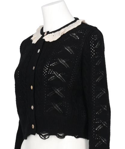 RIBBON PATTERN FRILLED SLEEVE KNITCARDIGAN