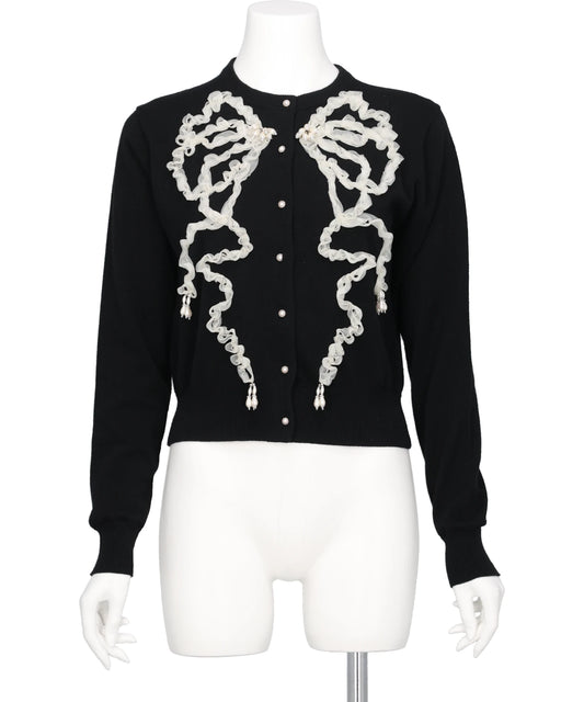 RIBBON TULLE PEARL EMBROIDERY CARDIGAN