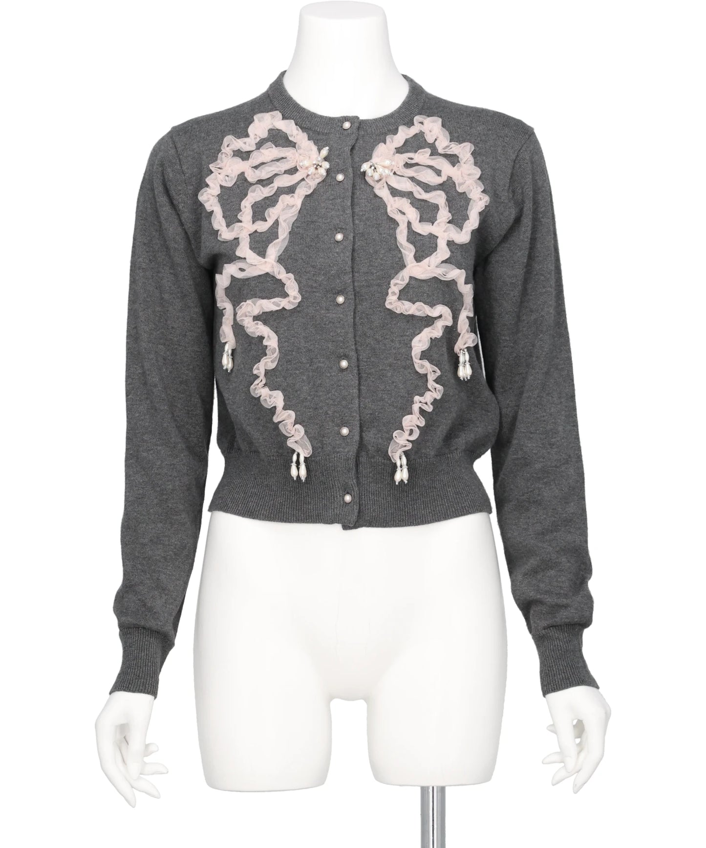 RIBBON TULLE PEARL EMBROIDERY CARDIGAN