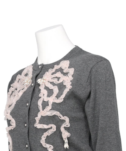 RIBBON TULLE PEARL EMBROIDERY CARDIGAN