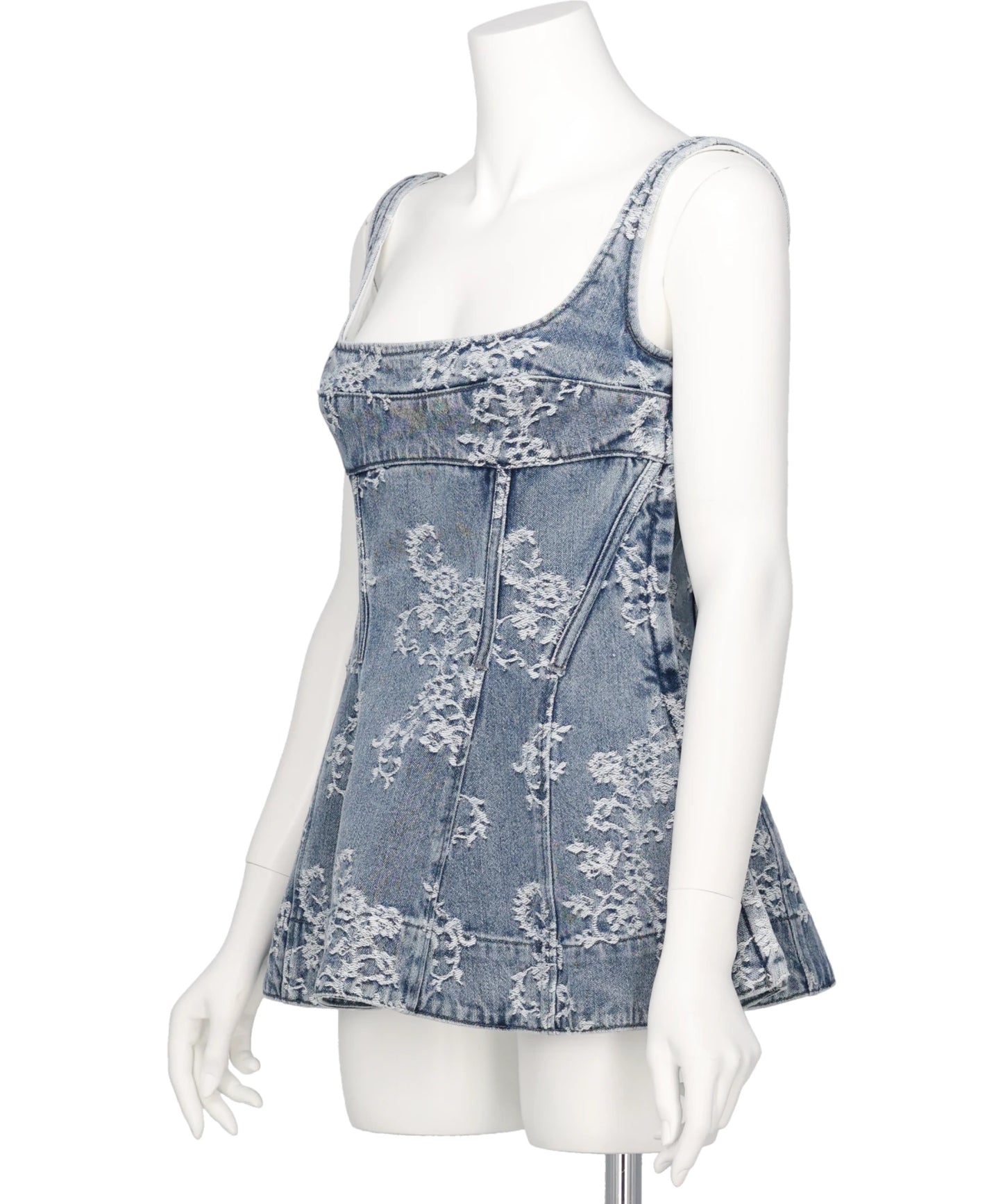 LACE-JACQUARD DENIM PEPLUM BUSTIER