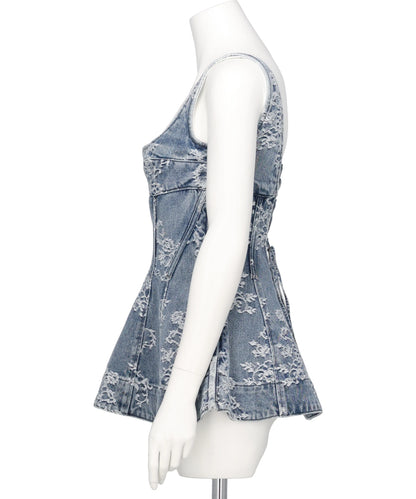 LACE-JACQUARD DENIM PEPLUM BUSTIER