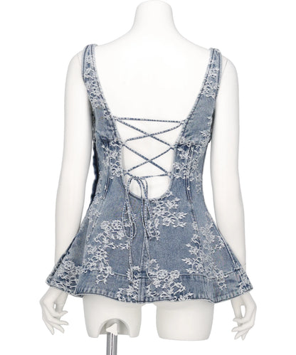 LACE-JACQUARD DENIM PEPLUM BUSTIER