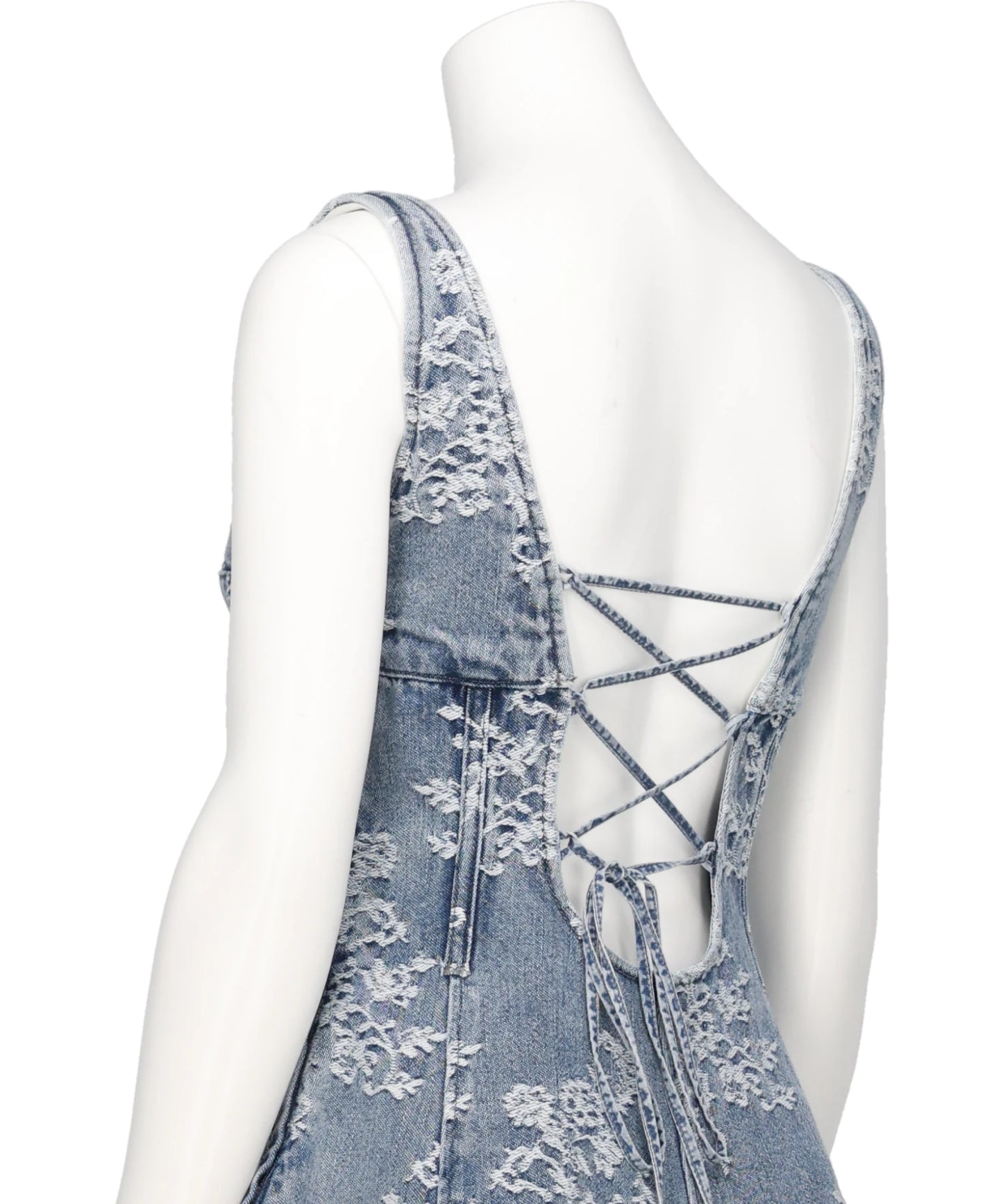 LACE-JACQUARD DENIM PEPLUM BUSTIER