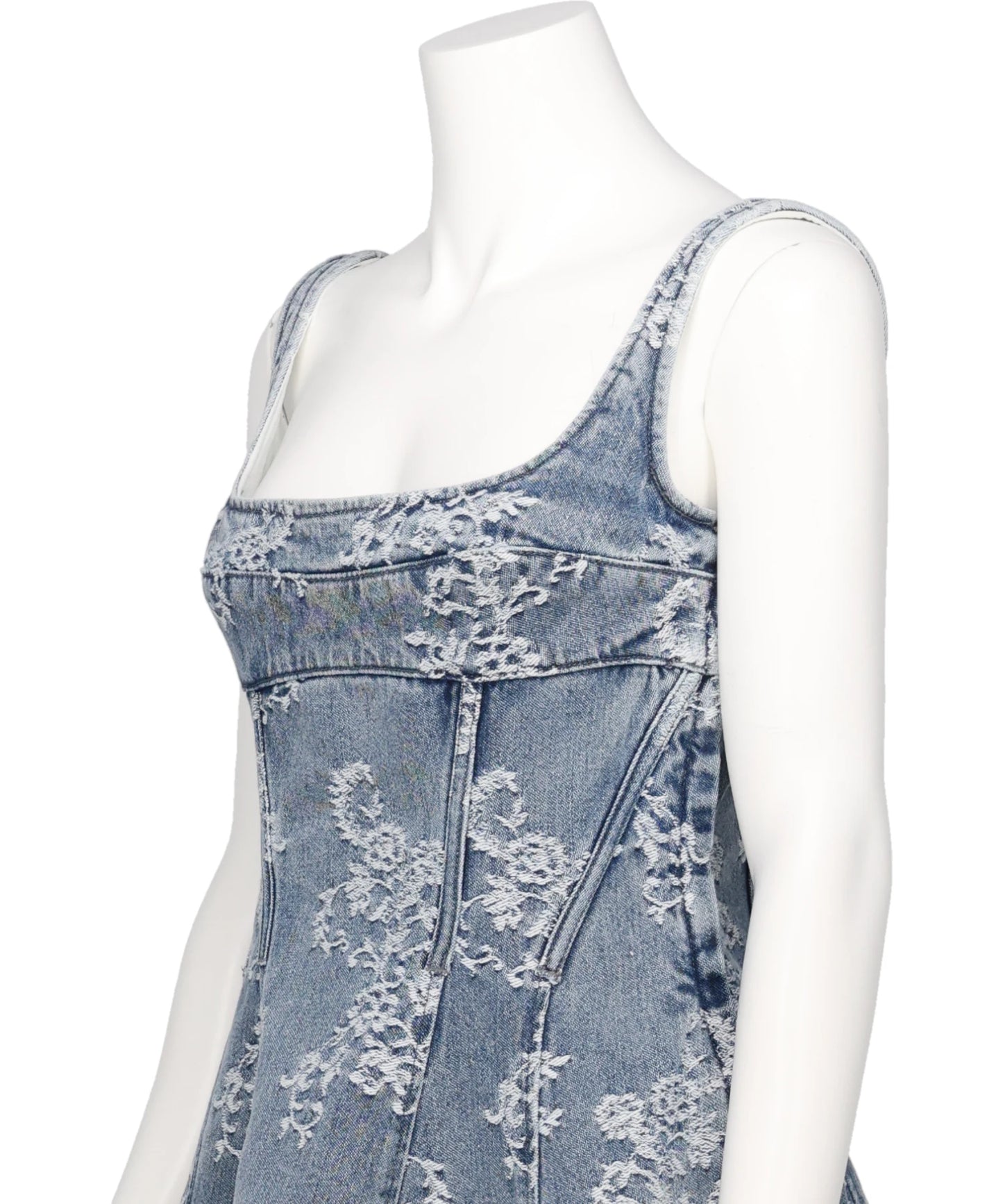 LACE-JACQUARD DENIM PEPLUM BUSTIER