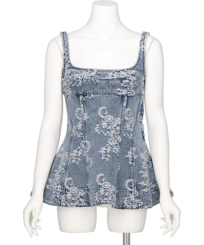 LACE-JACQUARD DENIM PEPLUM BUSTIER