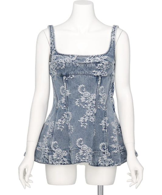 LACE-JACQUARD DENIM PEPLUM BUSTIER