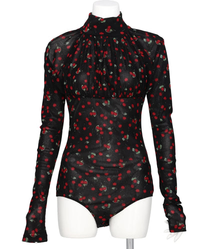 PRINTED VELVET TULLE TURTLENECK BODYSUIT