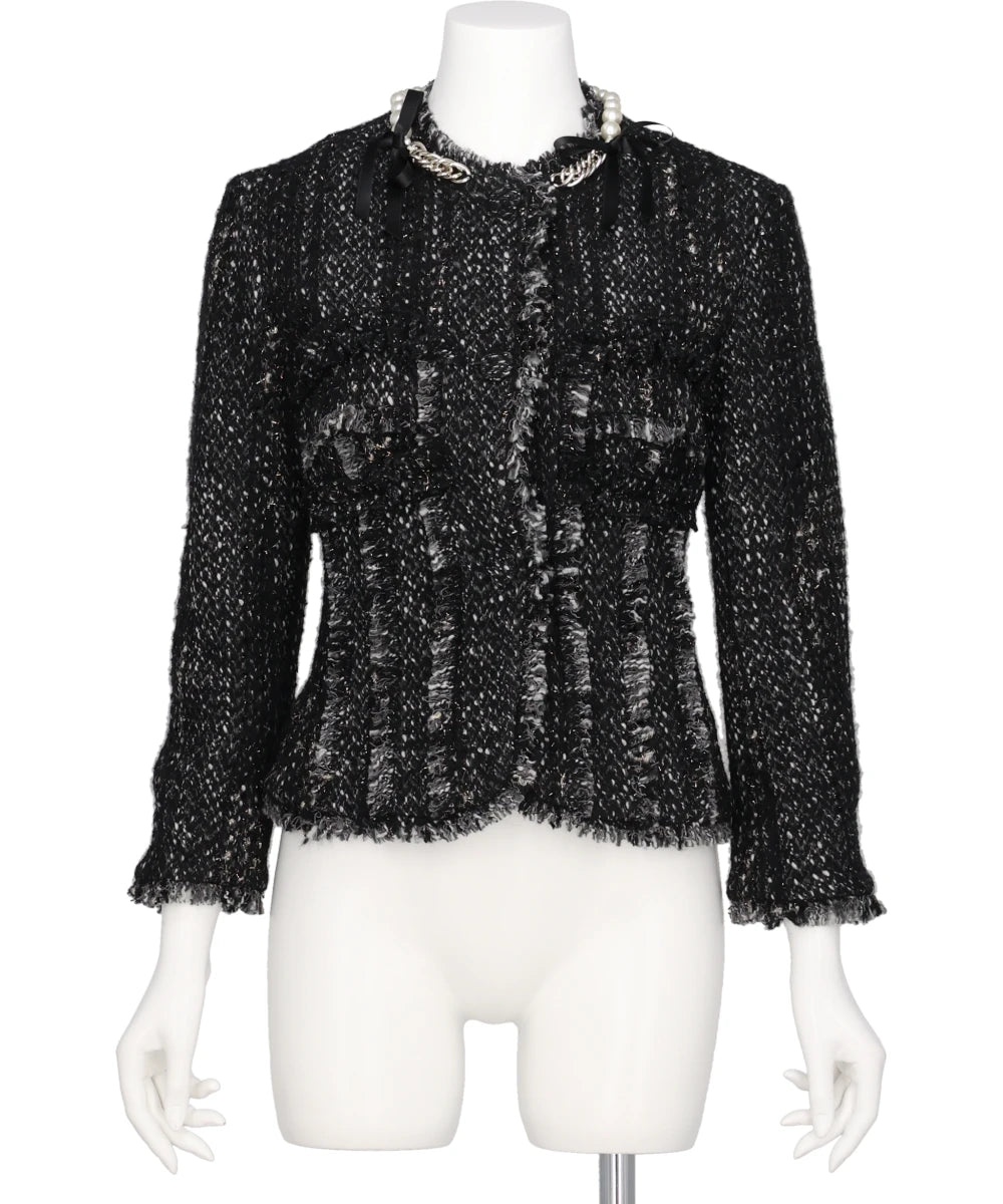 SCULPTED FRILL BUST DETAIL FRAY JACKET W/ EMB