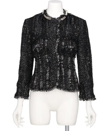 SCULPTED FRILL BUST DETAIL FRAY JACKET W/ EMB