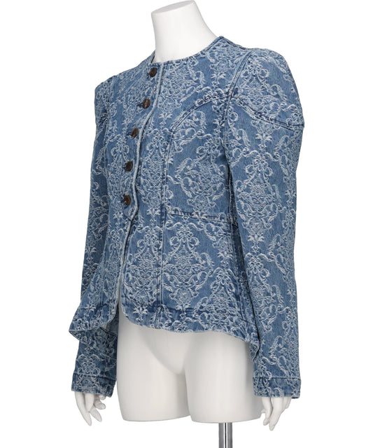 DAMASK-JACQUARD DENIM PEPLUM JACKET
