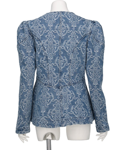DAMASK-JACQUARD DENIM PEPLUM JACKET