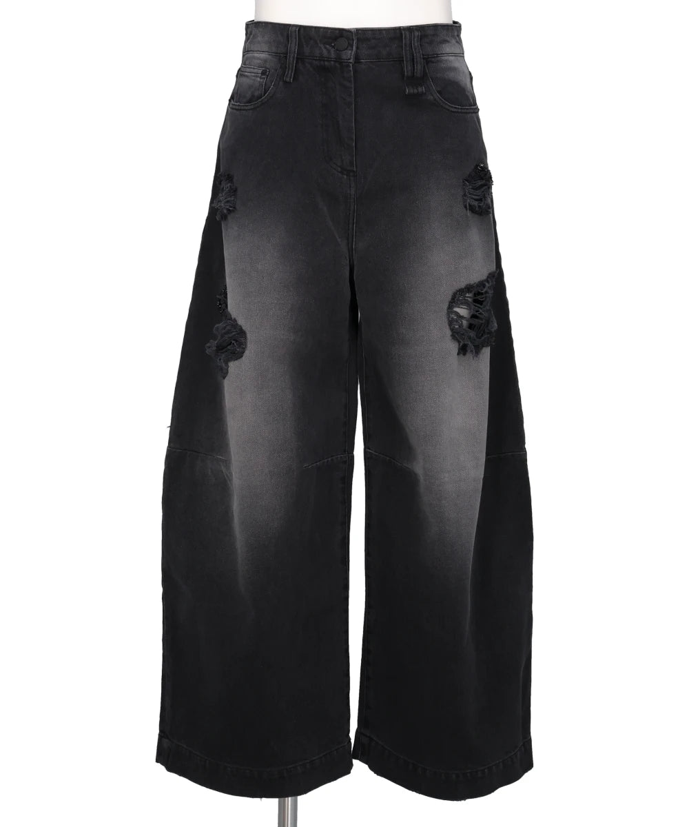CROPPED DISTRESSED WIDE LEG PUDDLE JEANS W/ EMB