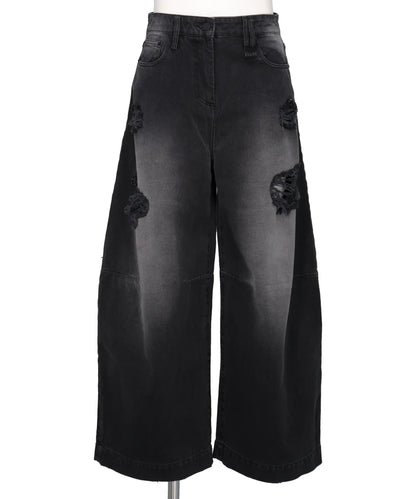 CROPPED DISTRESSED WIDE LEG PUDDLE JEANS W/ EMB