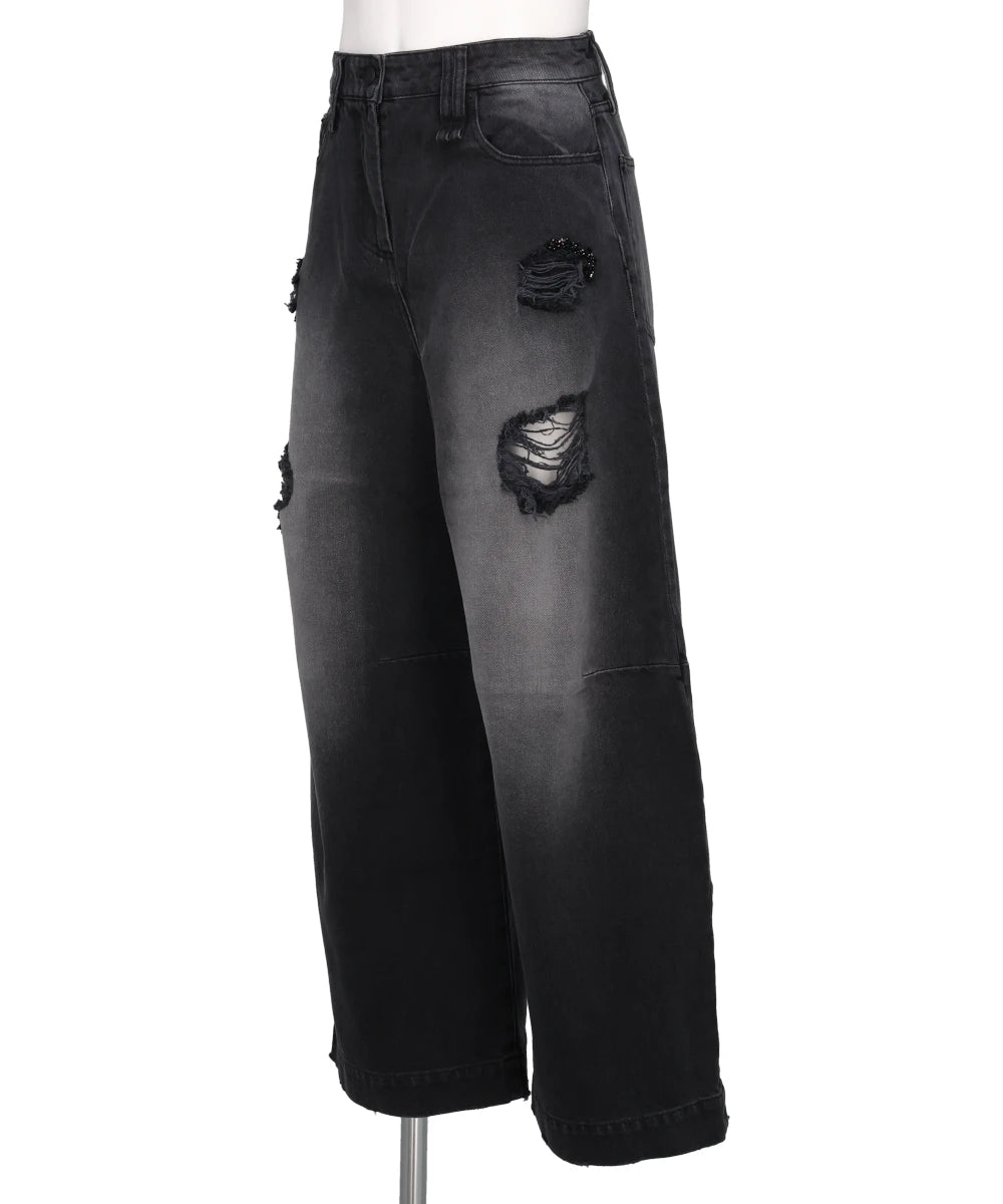 CROPPED DISTRESSED WIDE LEG PUDDLE JEANS W/ EMB