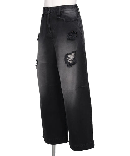 CROPPED DISTRESSED WIDE LEG PUDDLE JEANS W/ EMB